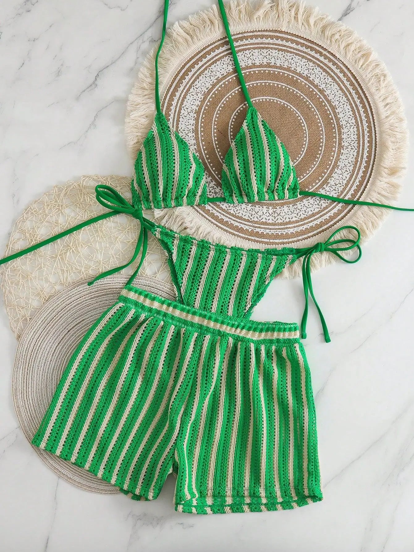 2026 Summer Women 3 Pieces Swimsuit Striped Print Halter Lace-up Backless Swimwear Sexy Micro Bikini Set Shorts Suits Beachwear
