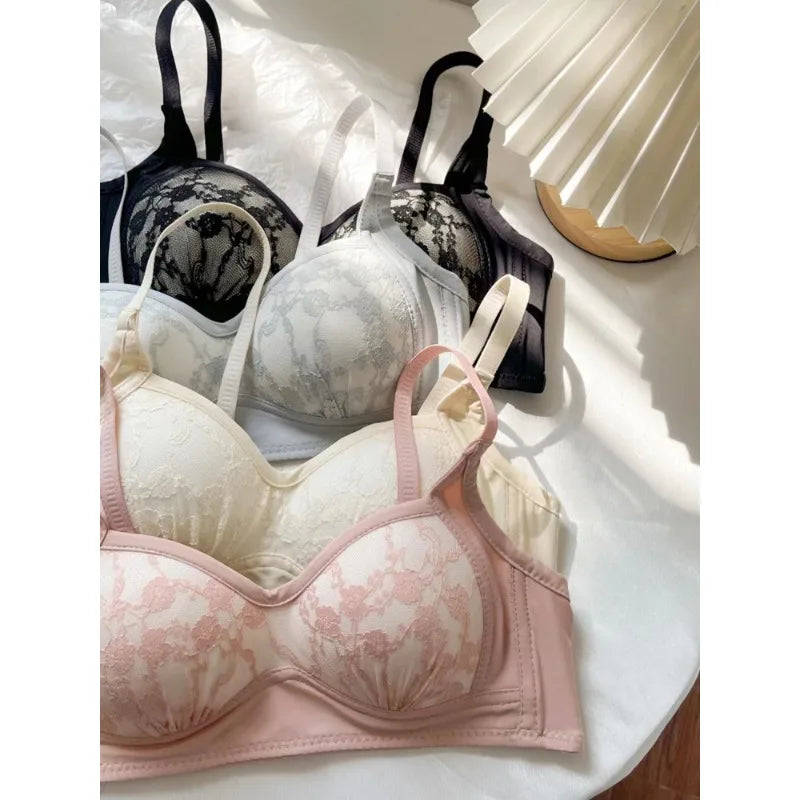 Summer Lace Half Cup Bra Small Bust Beachwear Gathering Light Support Pure Bralette Ultra Thin Wirefree Set AU MOYISU S-XL-32-38