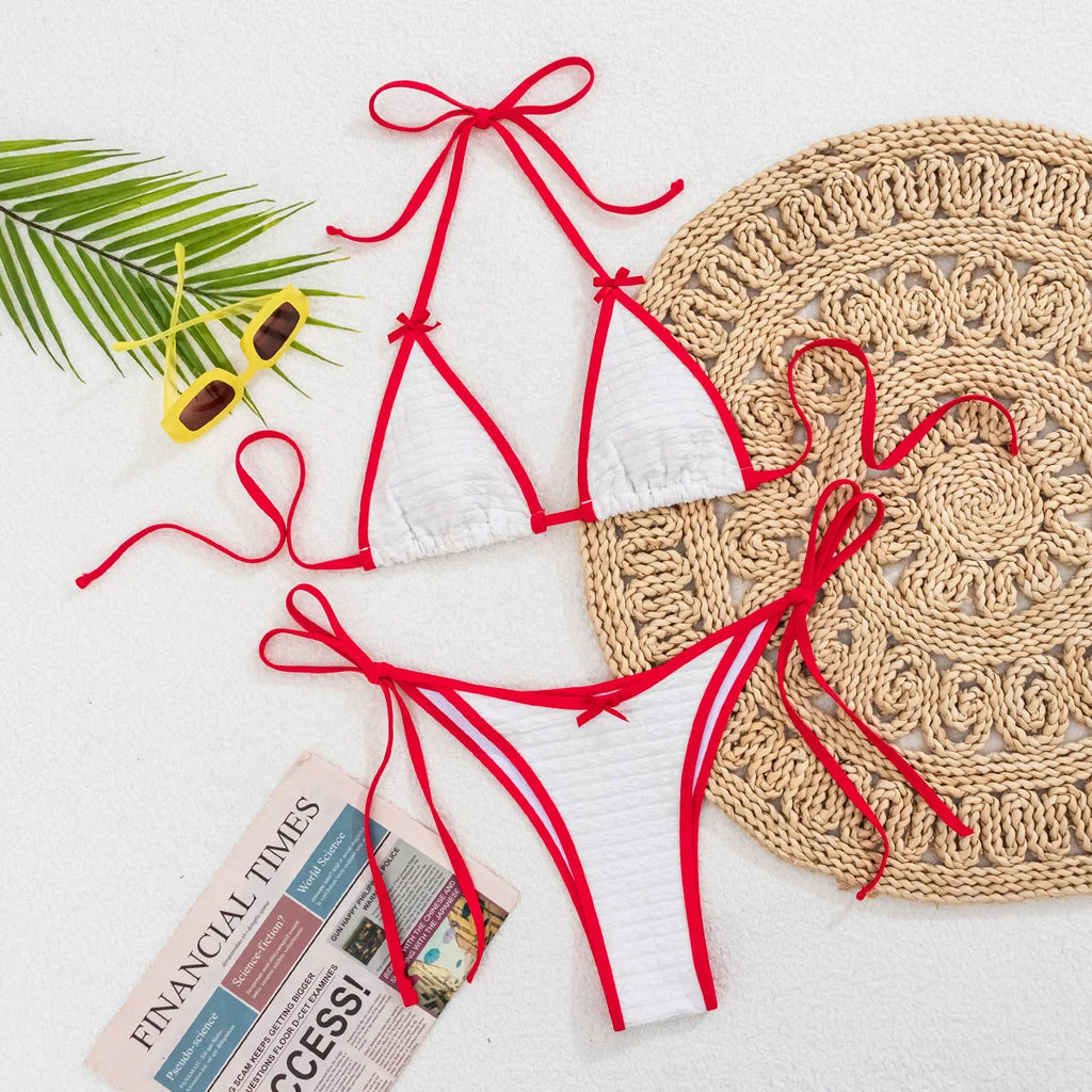 Wrinkled Bow Knotted Bikini Women Swimwear Female Swimsuit Two-pieces Bikini Set Halter Strappy Bather Bathing Suit Swim Lady