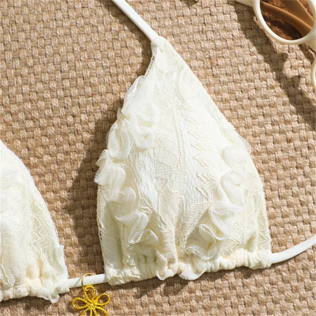 3PCS With Sarong Flower Lace Halter Bikini Women Swimwear Female Swimsuit Three-Pieces Bikini Set Bather Bathing Suit Swim V8277