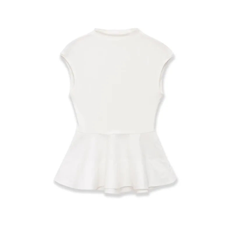 Women's Fashion Casual Sleeveless Half-High Collar Short Skirt Hem Top White Sleeved Peplum Top High Neck Slim Fit Casual KUAT