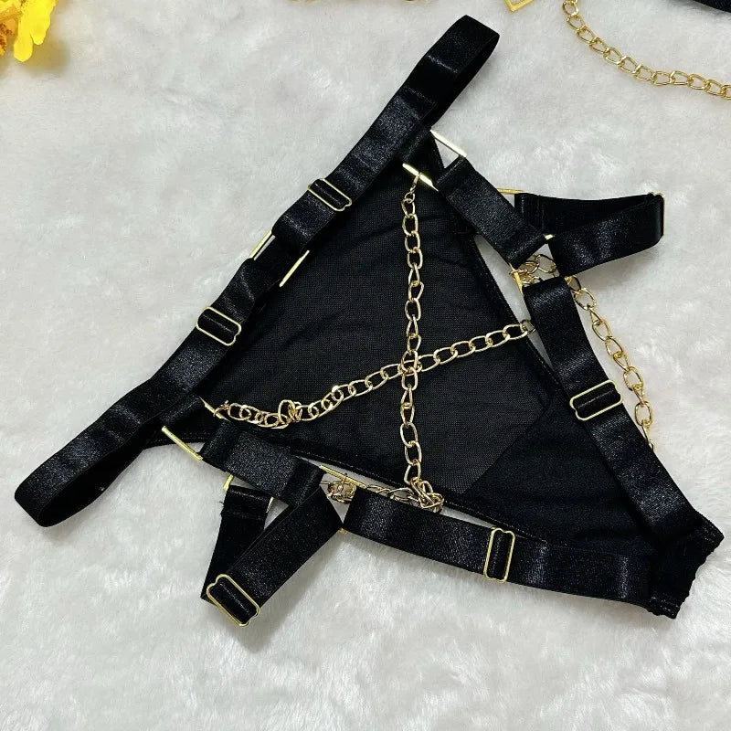 Toucheart Erotic Underwear Mesh See-through Patchwork Metal Chain Hot Girls Sexy Seductive Coquette Nightclub Party Dance Suit