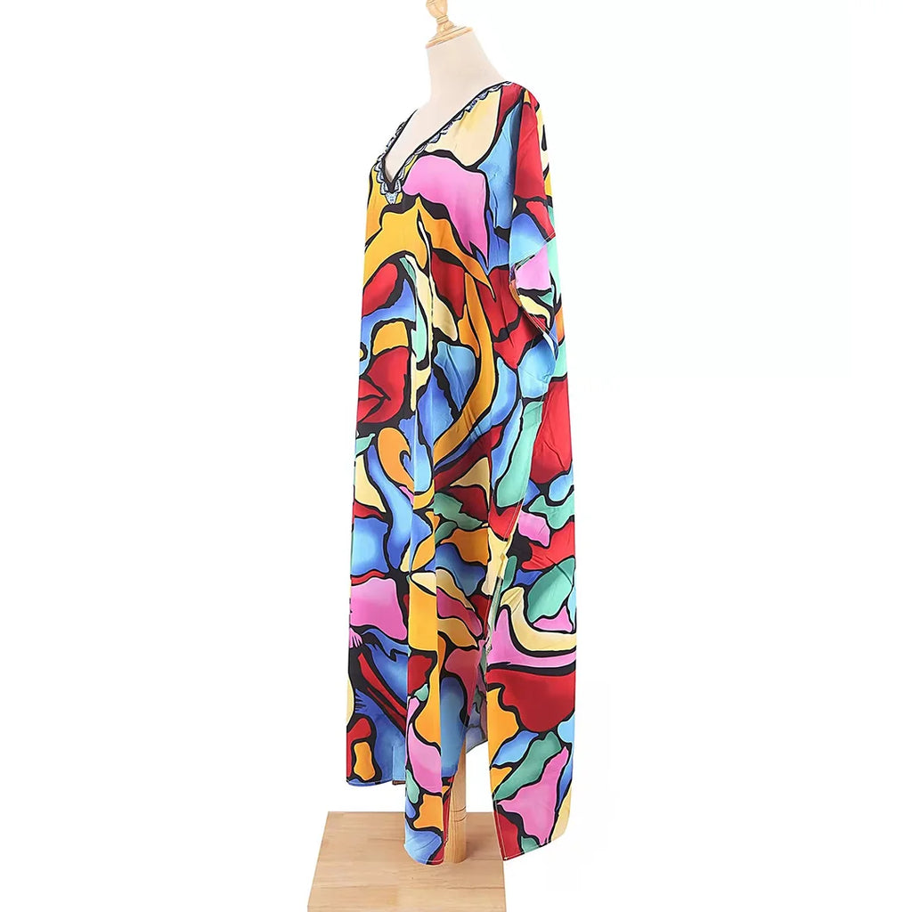 2026 New Colorful Kaftan Tunic Beach Dress Beach Wear Beachwear Beach Cover Up Cover-upsLoose Maxi Dress Female Women V4428