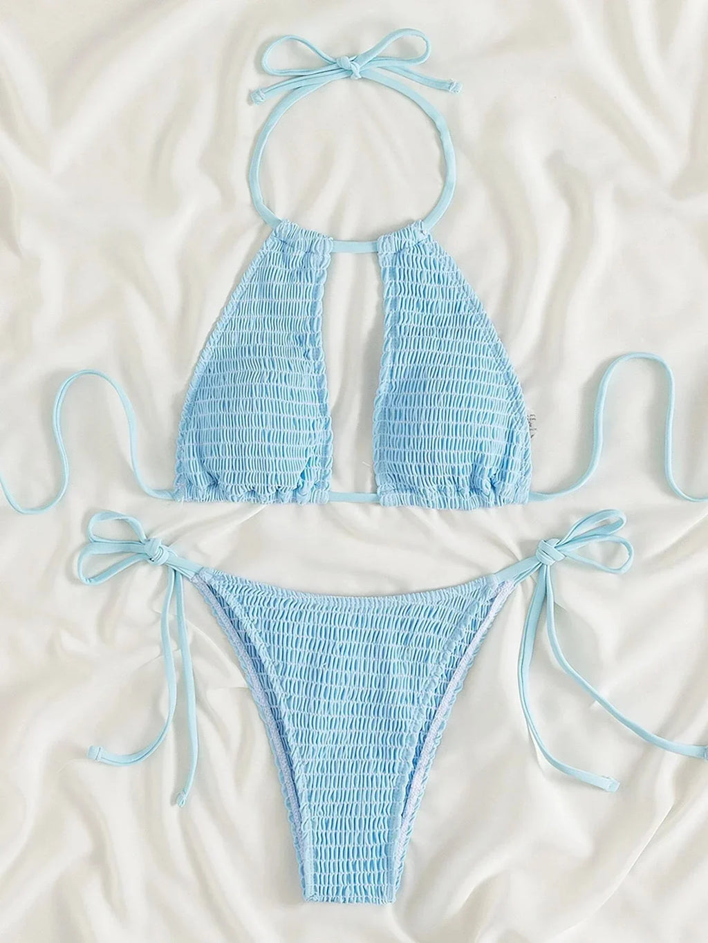 2025 Halter Tie Side Hollow Out Smocked Bikini Women Swimsuit Female Swimwear Two Pieces Bikini Set Swim Bathing Suit Beach Wear