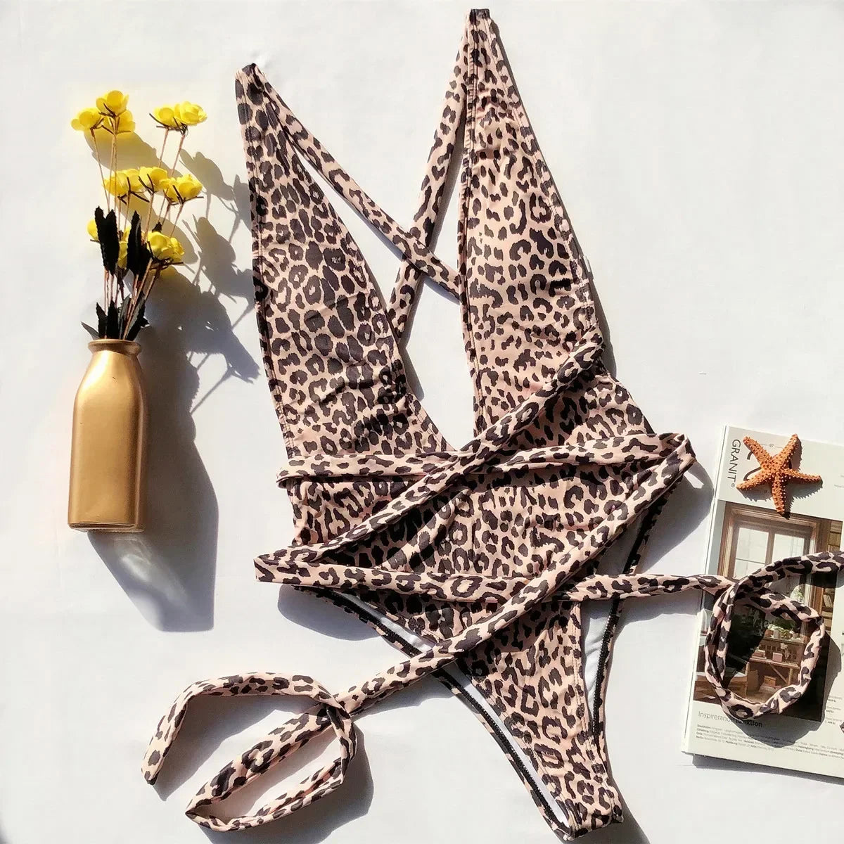 Sexy One Piece Swimsuit Swimwear Women Leopard Patchwork Cross Long Straps Deep V-neck Bathing Suit Beach Banadores Mujer 2026