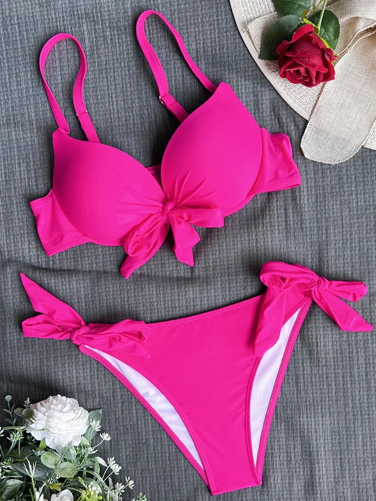 Sexy Knotted Underwired Bra Cup Bikini Women Swimsuit Female Swimwear Two-pieces Bikini Set Push Up Bikinis Bathing Suit Swim