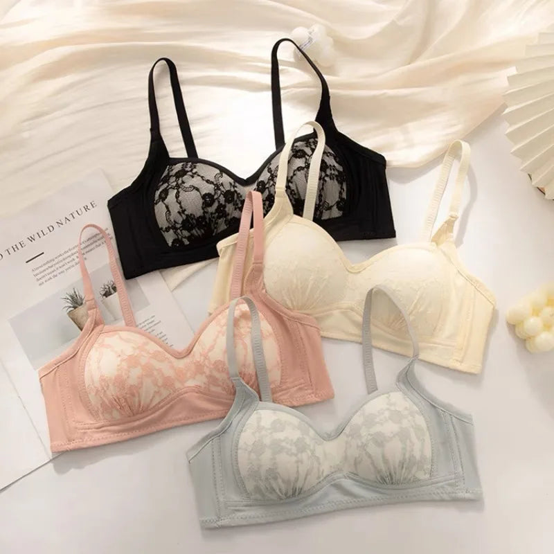 Summer Lace Half Cup Bra Small Bust Beachwear Gathering Light Support Pure Bralette Ultra Thin Wirefree Set AU MOYISU S-XL-32-38