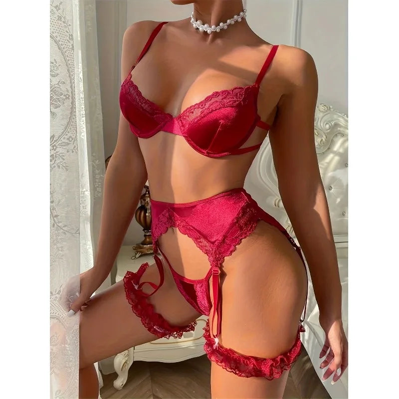 Toucheart 4PCS Patchwork Sexy Interesting Underwear Thong Set Slim Backless Lace Up Hollow Out  Floral Mesh Sexy Underwear Set