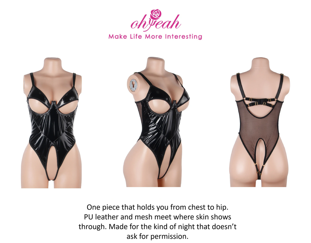 Black PU Leather Mesh Bodysuit for Women Hollow Out Open Crotch Teddy Lingerie Push Up One Piece Jumpsuit Underwear as Outerwear