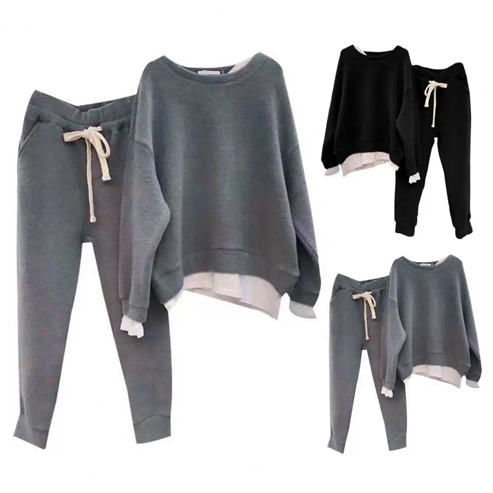 2 Pcs/Set Women Sweatshirt Pants Set Fake Two-piece Crew Neck Loose Elastic Waist Drawstring Casual Women Autumn Tracksuit