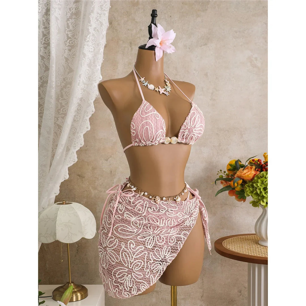 With Sarong Halter Printed Bikini Women Swimwear Female Swimsuit Padded Bather Bathing Suit Swim Three-pieces Bikini set K8073