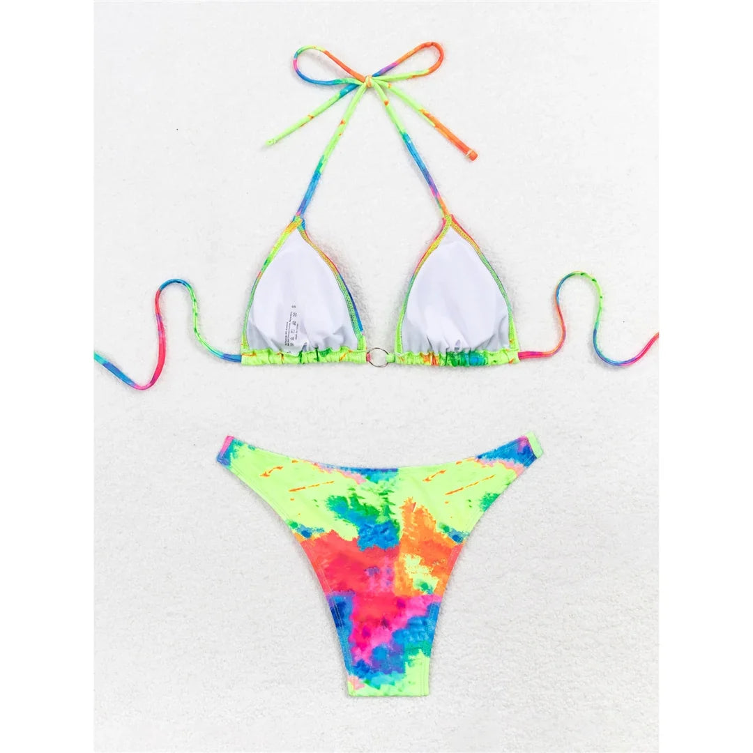 Sexy Printed Tie Dye Halter Brazilian Bikini Women Swimwear Female Swimsuit Two-pieces Bikini set Bather Bathing Suit Swim V6313