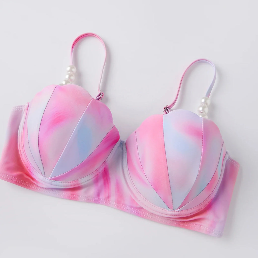 2026 Summer Women's Bikini Set Gradient Pink Shell Bra with Low Waist Shorts and Cover Up Skirt 3 Pcs Swimsuit