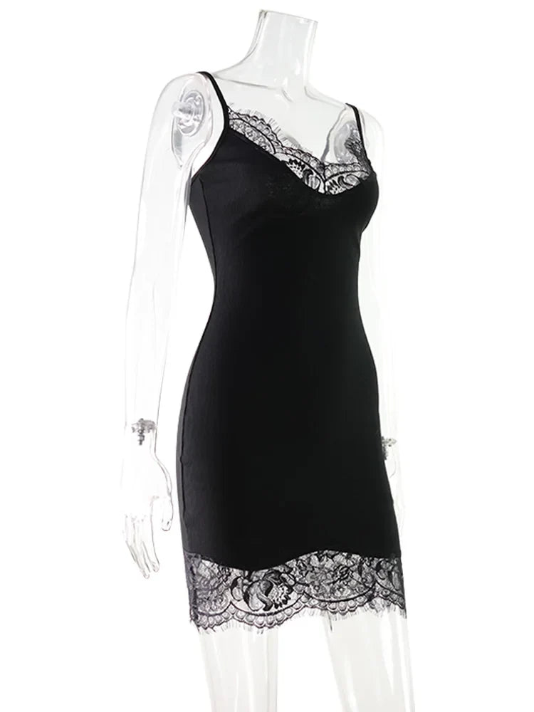 Ahagaga Sexy Women's Mini Dress Straps Patchwork Lace Sheath Sleepwear Sleeveless Nightgown Camisole Basic Female Vestidos Slim