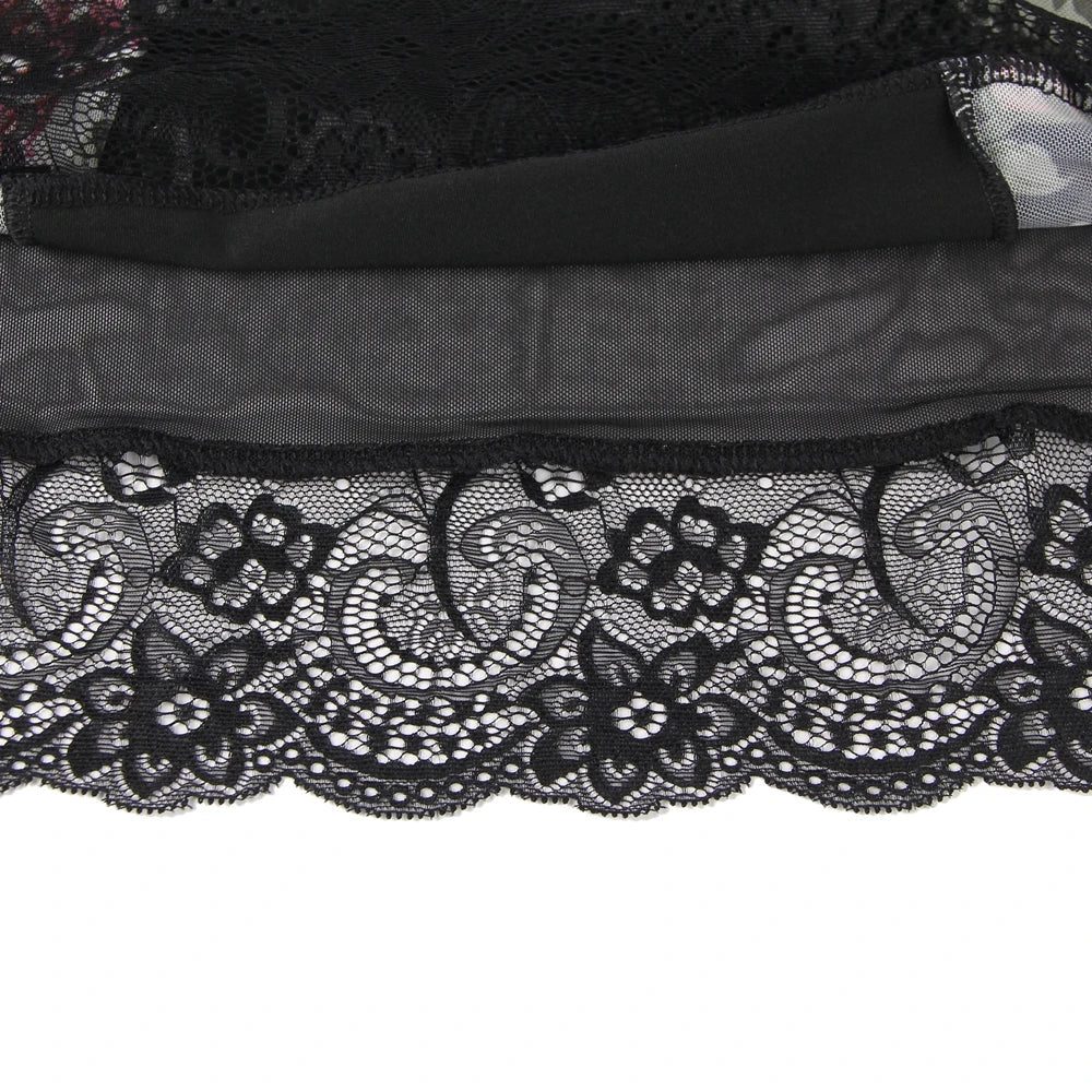 Sexy Women Mesh Printed Honeymoon Nightgown Lace Trim Adjustable Strap Sleep Dress Sheer Black Chemise Lingerie XS-L With Thong