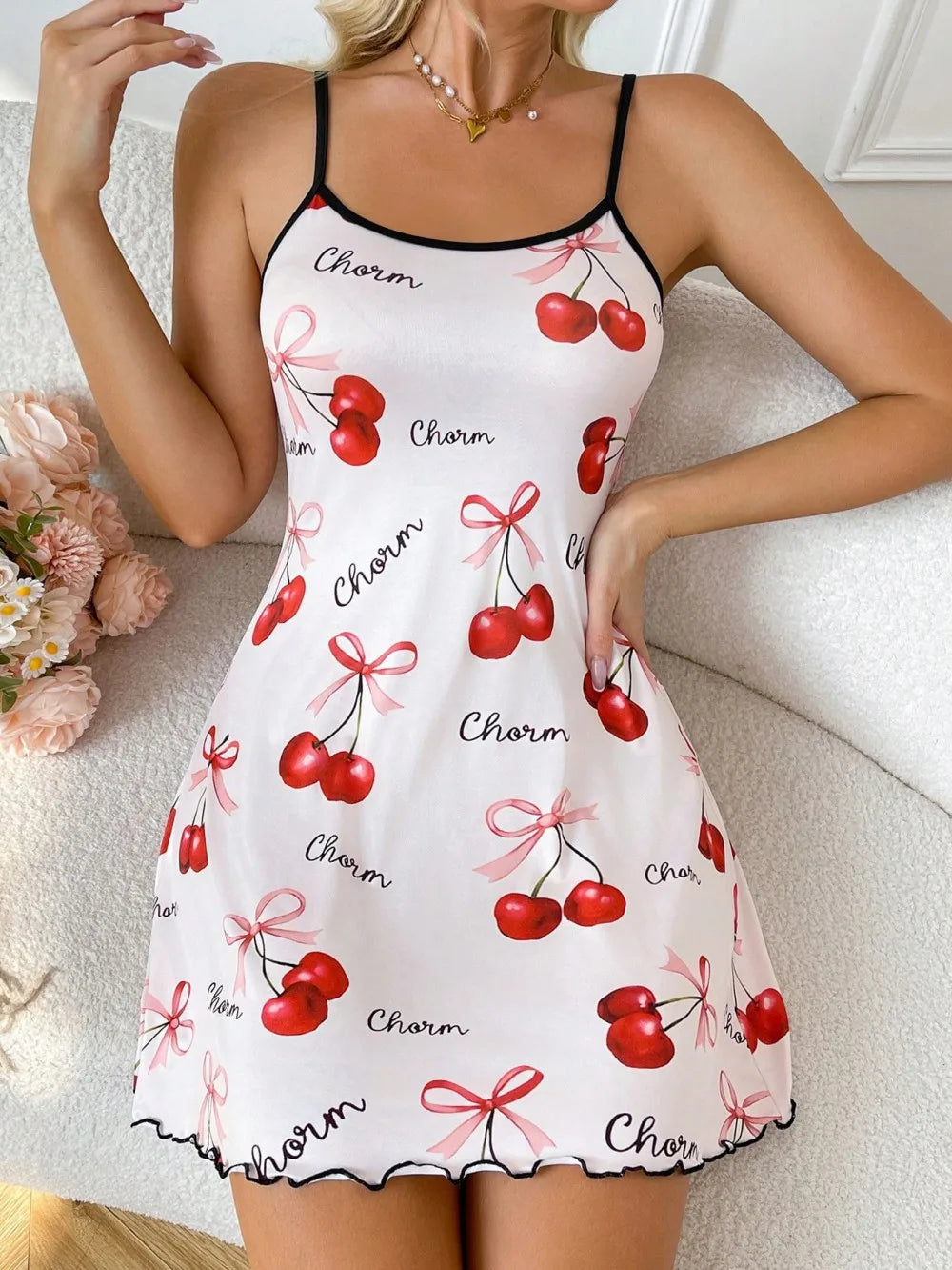 Valentine's Day Cherry Printed Slip Nightdress Women Sexy Sleepwear Straps Sleep Mini Dress Nighties Nightgown Loungewear