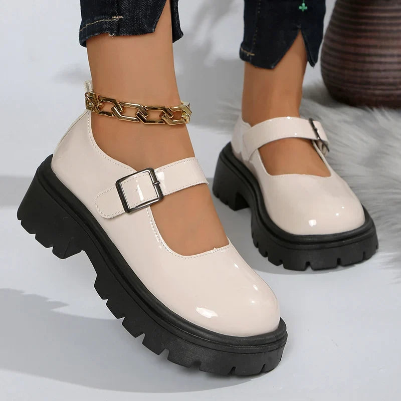 Patent Leather Thick Sole Mary Jane Shoes Women 2025 Ankle Buckle Platform Pumps Woman Round Toe High Heel Lolita Shoes Female