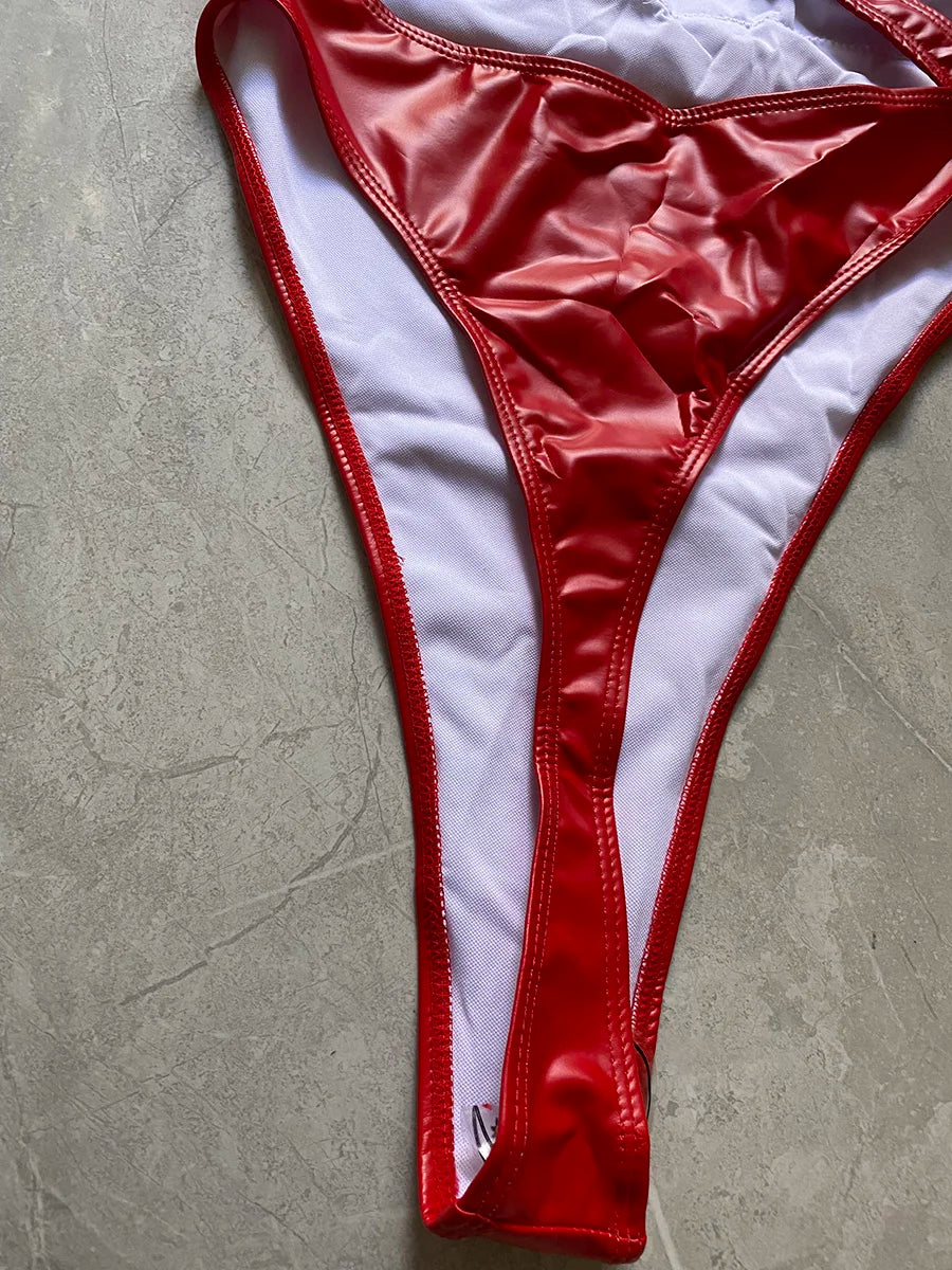 PU Leather V Neck Extreme Mini String Thong Women Swimwear One Piece Swimsuit Female Monokini Cross Backless Bathing Suit Swim