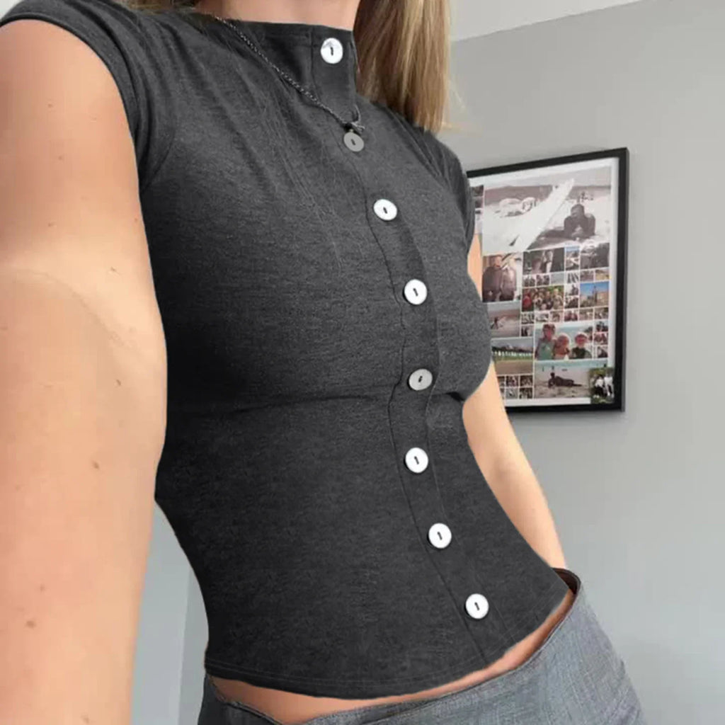 Women's Summer Casual Slim Fit Basic Tops Short Sleeve Round Neck Solid Color Button Up T-shirts
