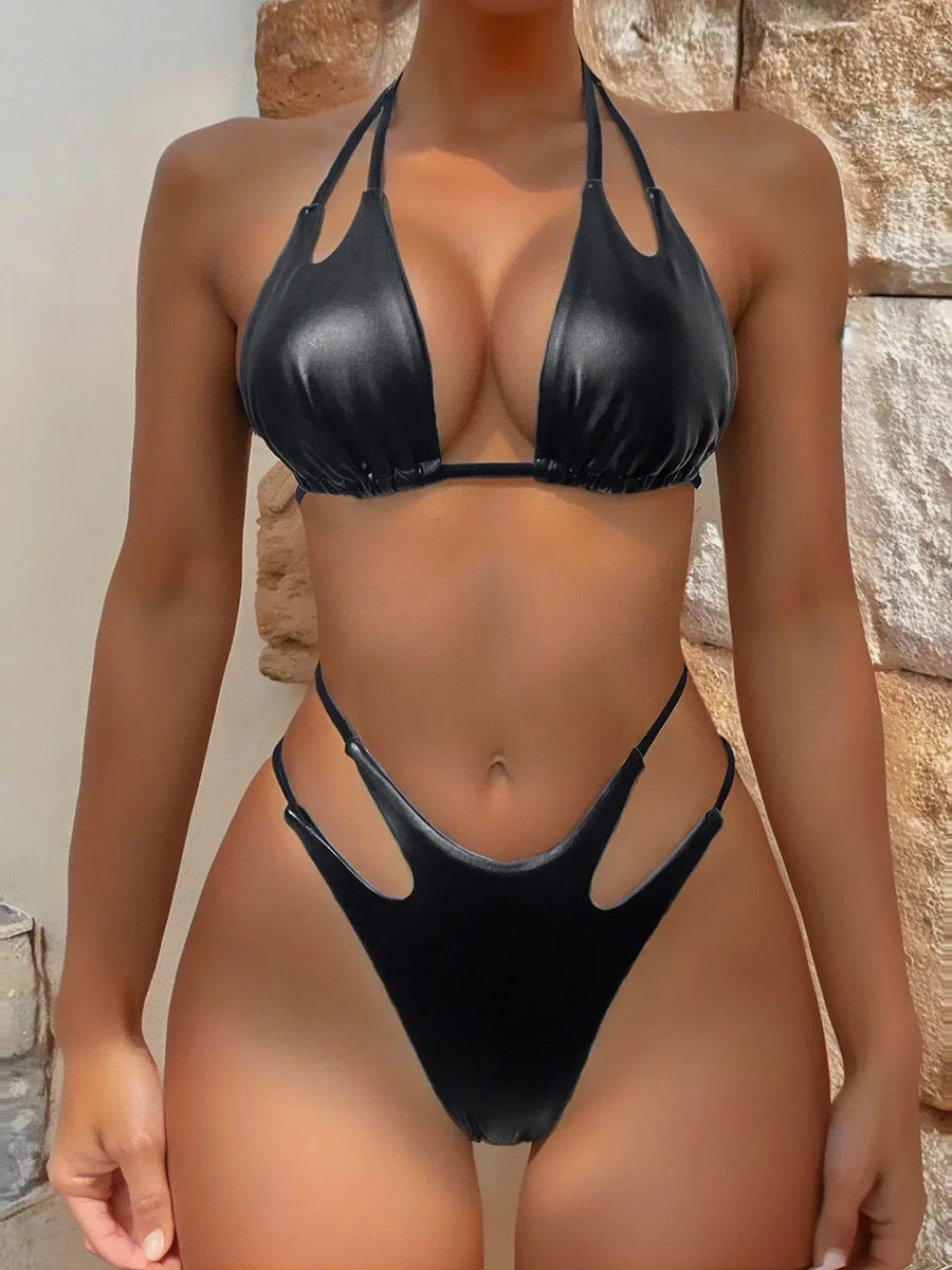 S - XL PU Faux Leather Scrunch Butt Bikini Women Swimwear Female Swimsuit Two-pieces Bikini set Bather Bathing Suit Swim Lady