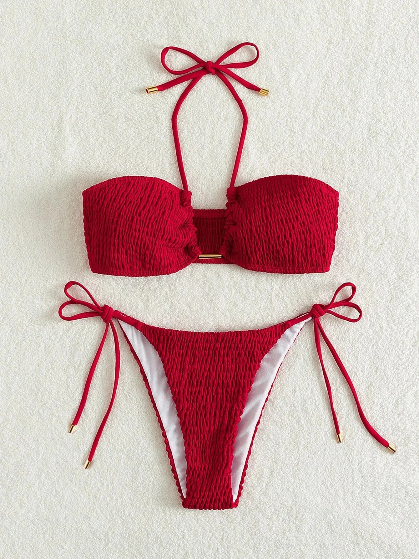 Halter Tie Side Pleated Smocked Bikini Women Bandeau Swimsuit Female Swimwear Two Pieces Bikini Set Bathing Suit Swim Beach Wear
