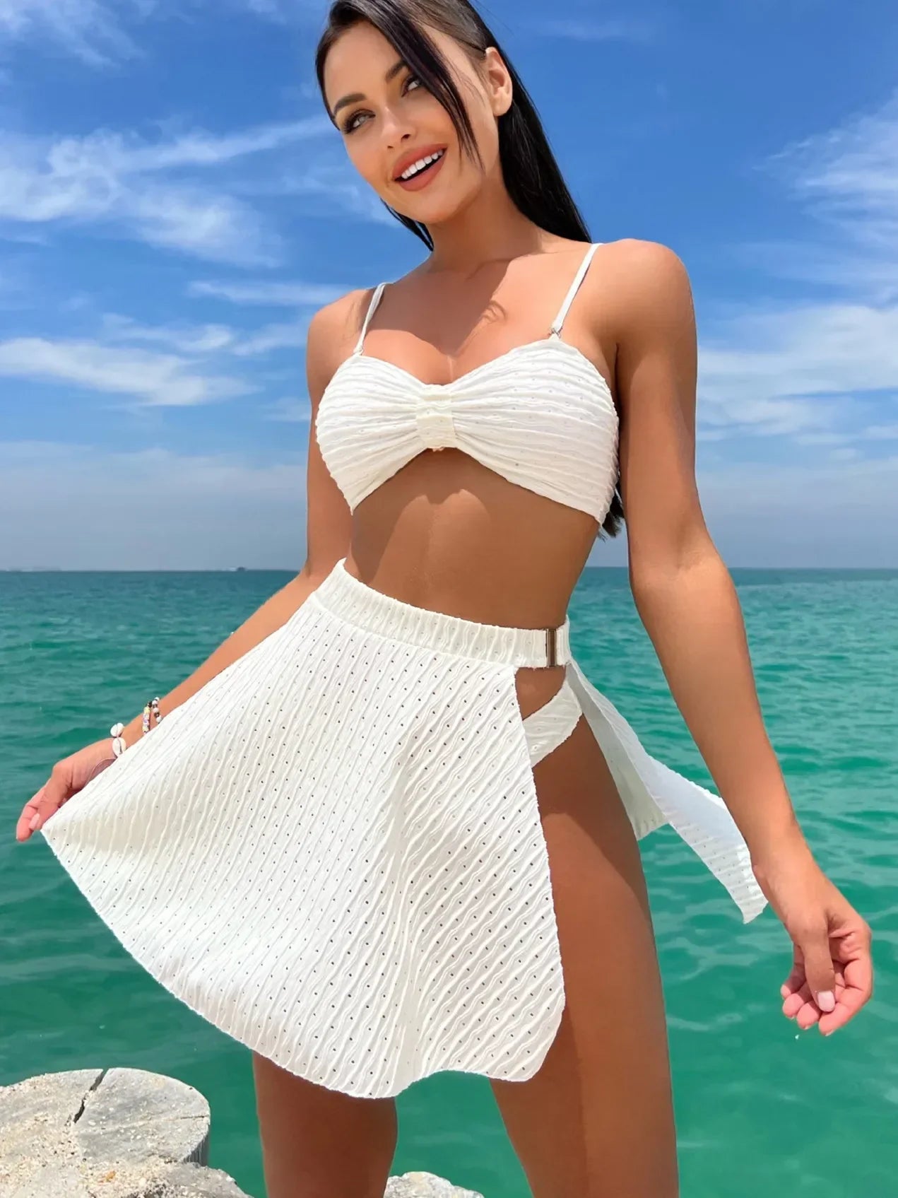 Sexy White Black 3 Piece Bikinis Sets Women Front Bow Push Up Split Mesh Skirt Swimsuit 2026 Beach Bathing Suit Thong Swimwear
