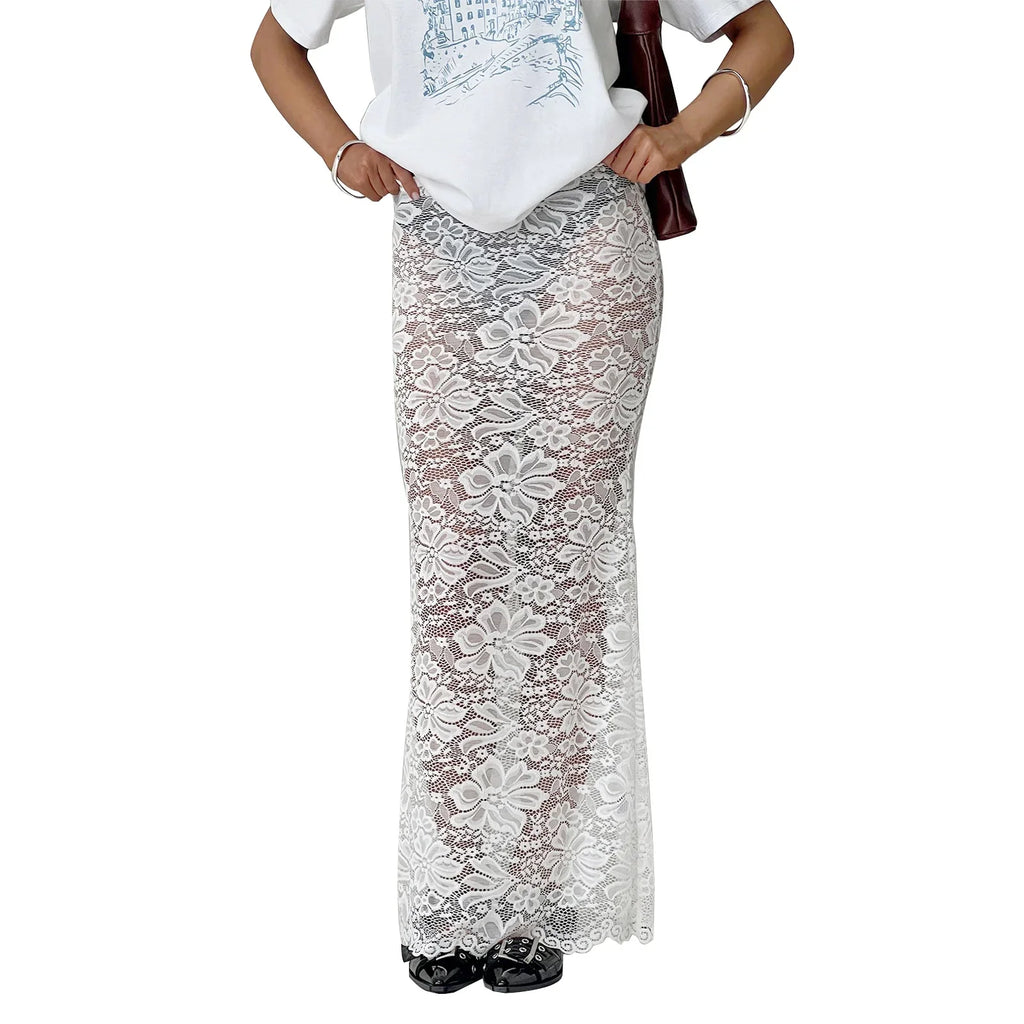 Summer Women's Sheer Floral Lace Elegant Skirt Elastic Waist See Through Sexy Long Skirt for Party Beach Streetwear