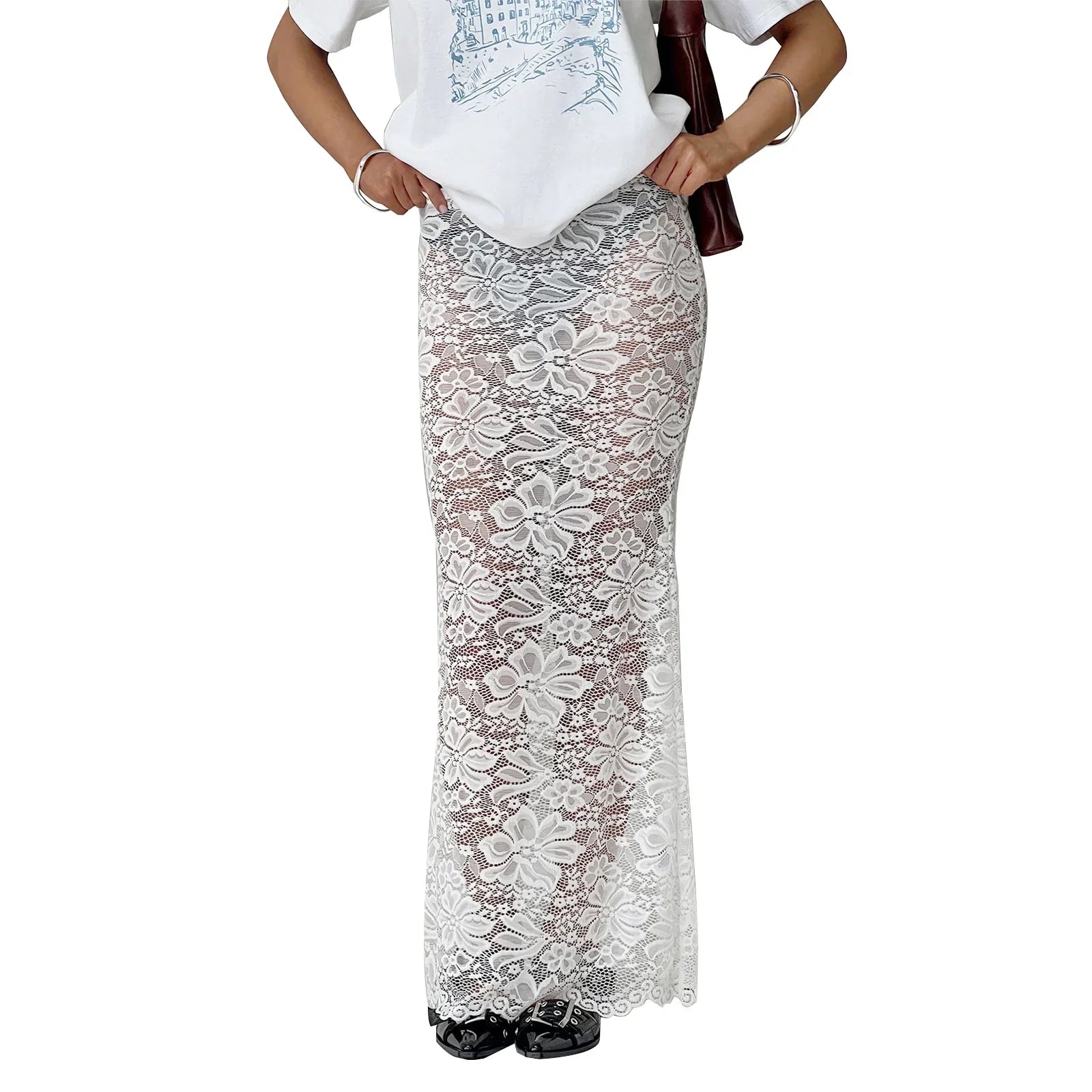 Summer Women's Sheer Floral Lace Elegant Skirt Elastic Waist See Through Sexy Long Skirt for Party Beach Streetwear