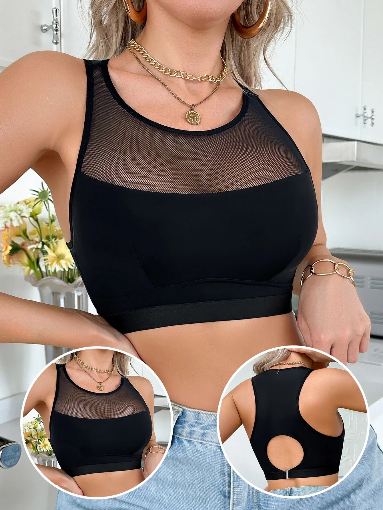 Women's Sexy Bras Breathable Mesh Seamless Yoga Sports Camisole Wireless Single-Layer Bra