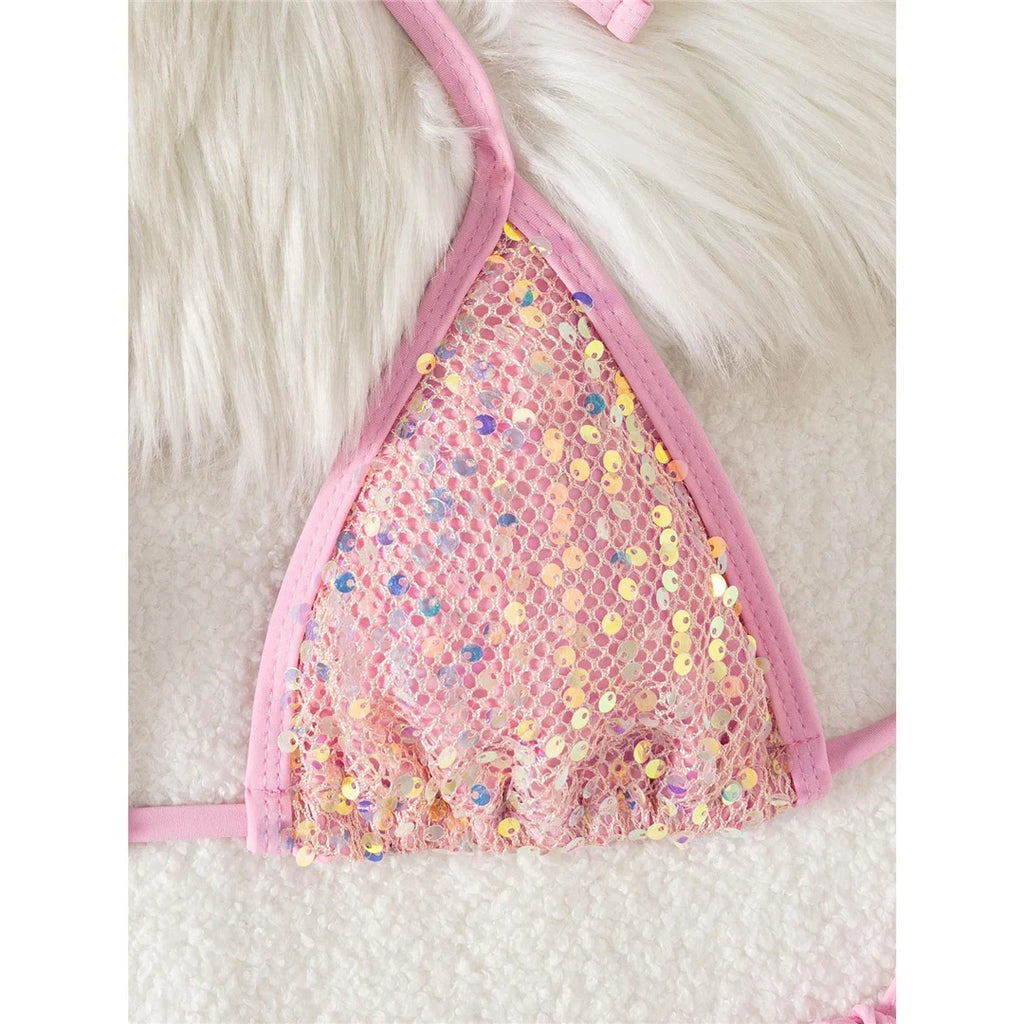 Sparkling Sequins Halter High Leg Cut Bikini Women Swimwear Female Swimsuit Two-Pieces Bikini Set Bather Bathing Suit Swim V6678