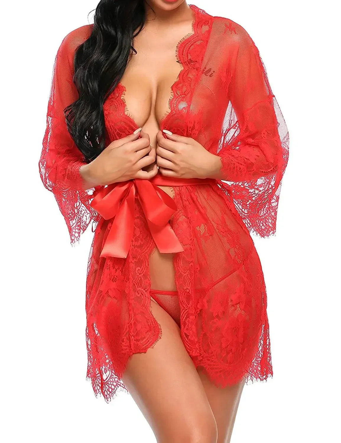 See Through Lace Babydoll Women Sexy Lingerie Erotic Transparent V-Neck Nightwear Robe G-string Robe Sleepwear Dress