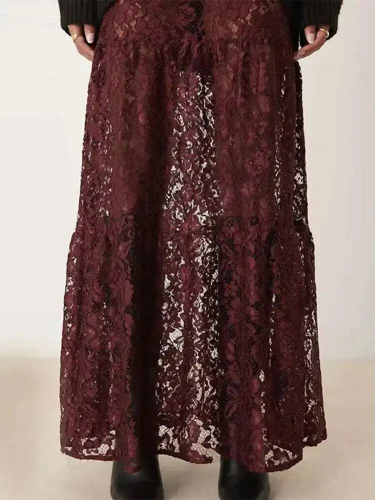 Mesh Sheer Lace Skirts Women High Waist Street Fashion Loose Hollow Out Long Skirt Party Sexy Patchwork Clubwear 2026 50JZ