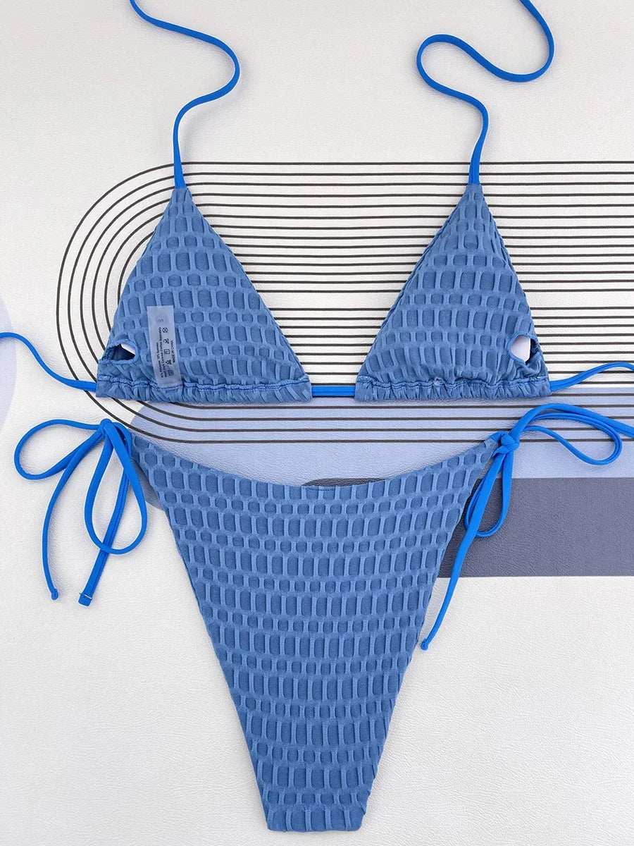 Halter Wrinkled Mini Micro Bikini Women Swimwear Female Swimsuit Two-pieces Bikini Set Brazilian Bather Bathing Suit Swim Lady
