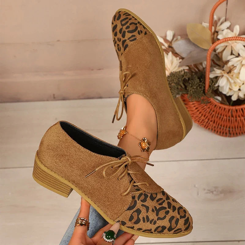 Large Size Leopard Print Single Shoes Women 2026 New Pointed Toe Lace Up Low Heel Shoes Woman Retro Faux Suede Pumps Ladies