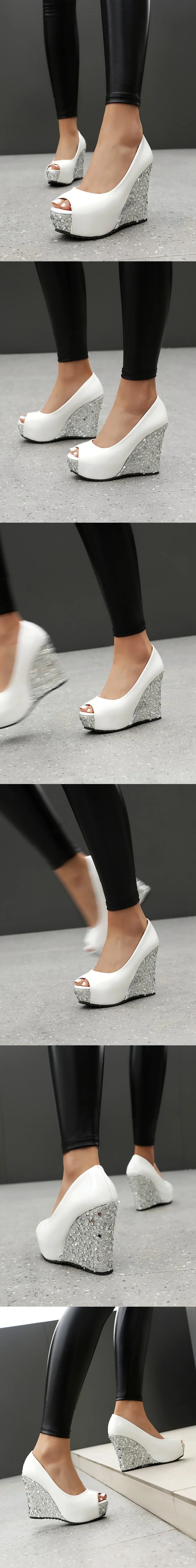 Plus Size Elegant Sequined White Chunky Platform Pumps Women's Black Pink Peep Toe Wedges High Heels Shoes for Party Wedding