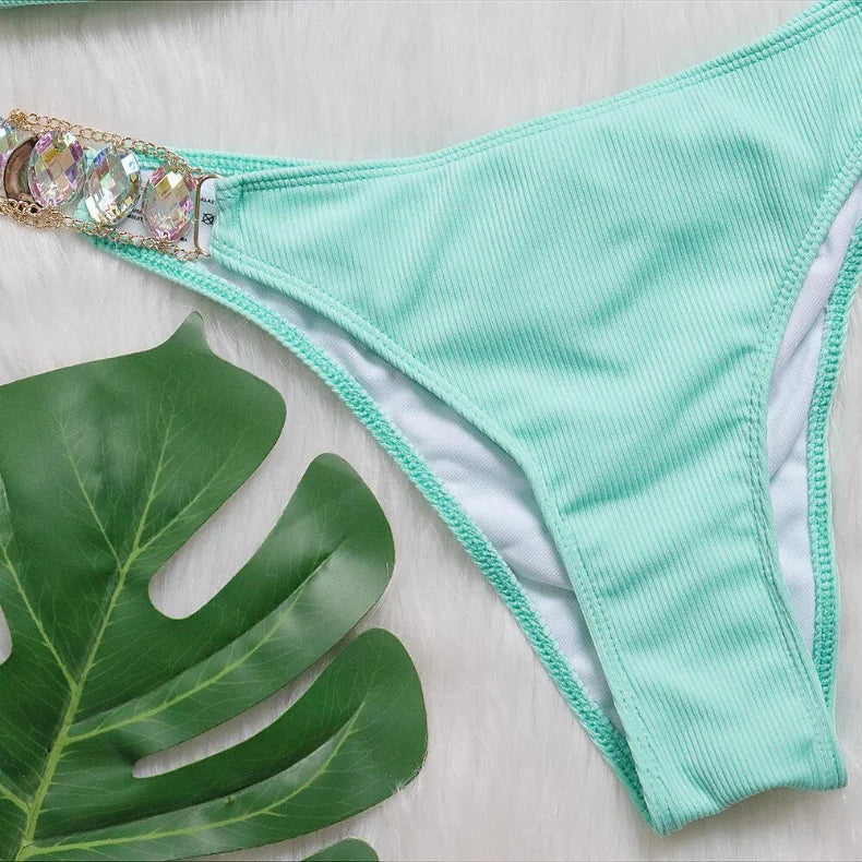 9 Colors Sexy Bikini Women Luxe Crystal Diamond Metal Chain Pit Striped Swimwear Swimsuit Bikinis Set Bathing Suit Beach Bikini