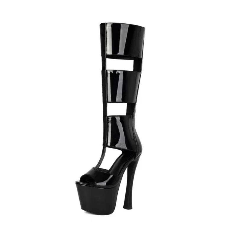 Summer Women Platform Tall Gladiator Sandals Knee High Cut Out Thin Heeled Rome Sexy Nightcllub Pole Dance Shoes 43