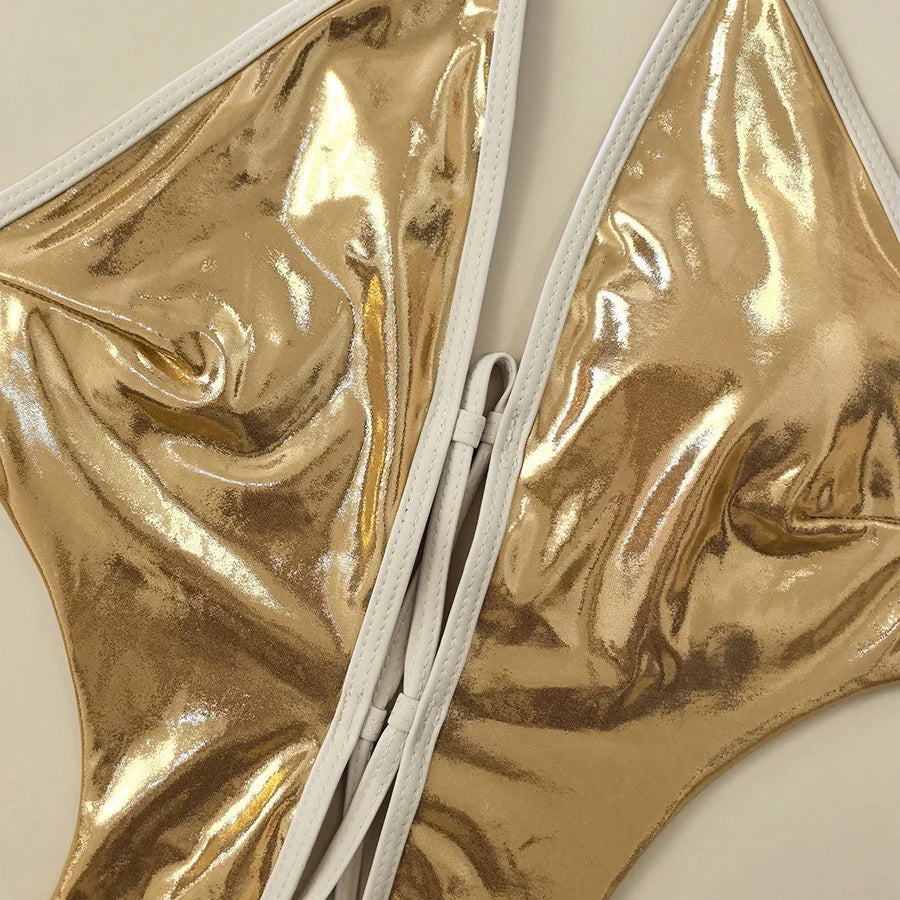 Women glitter gold metallic front bandage swimsuit one piece hollow backless bikini Swimwear bathing suit beach outfits bodysuit
