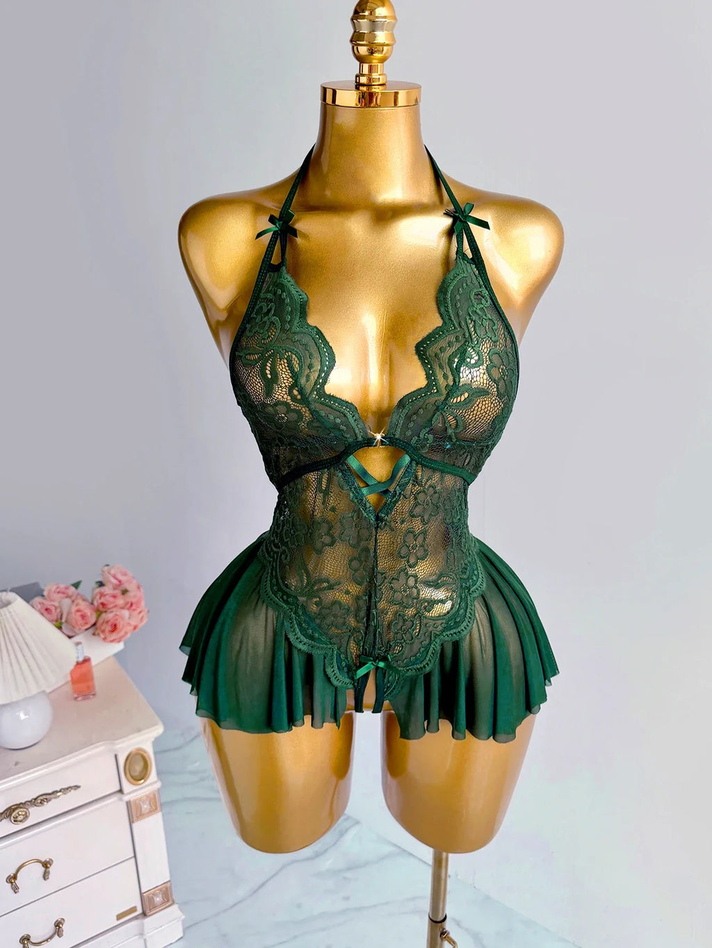 Elegant Lace Halter Neck Teddy Bodysuit With Bow Detail And Ruffled Hem Sexy Women's Lingerie