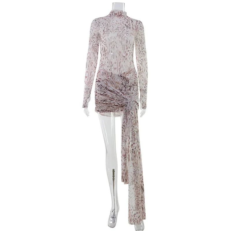 Ahagaga Sexy Sheer Women'Mini Dresses Turtleneck Print Regular Long Sleeves Ribbon Sheath Bodycon Casual Streetwear Female Robe