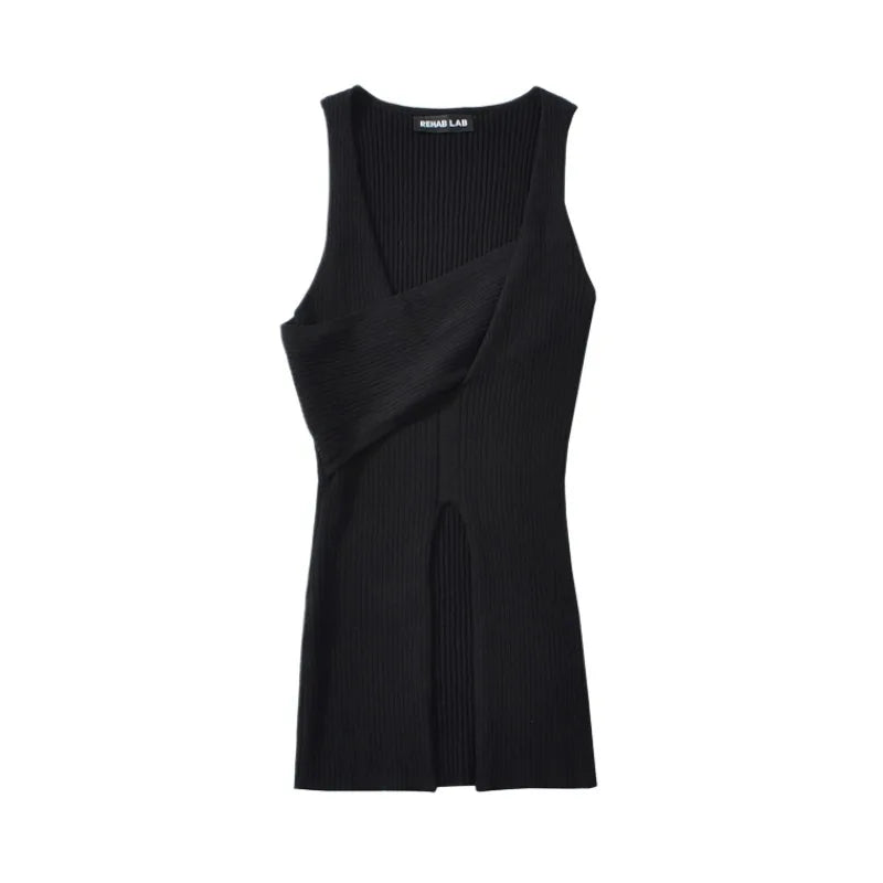Stylish Cross-over Irregular Neckline Sleeveless Knitted Vest For Women Niche Sexy Slit Slim-fit Top CasualPure Desire 0FY1