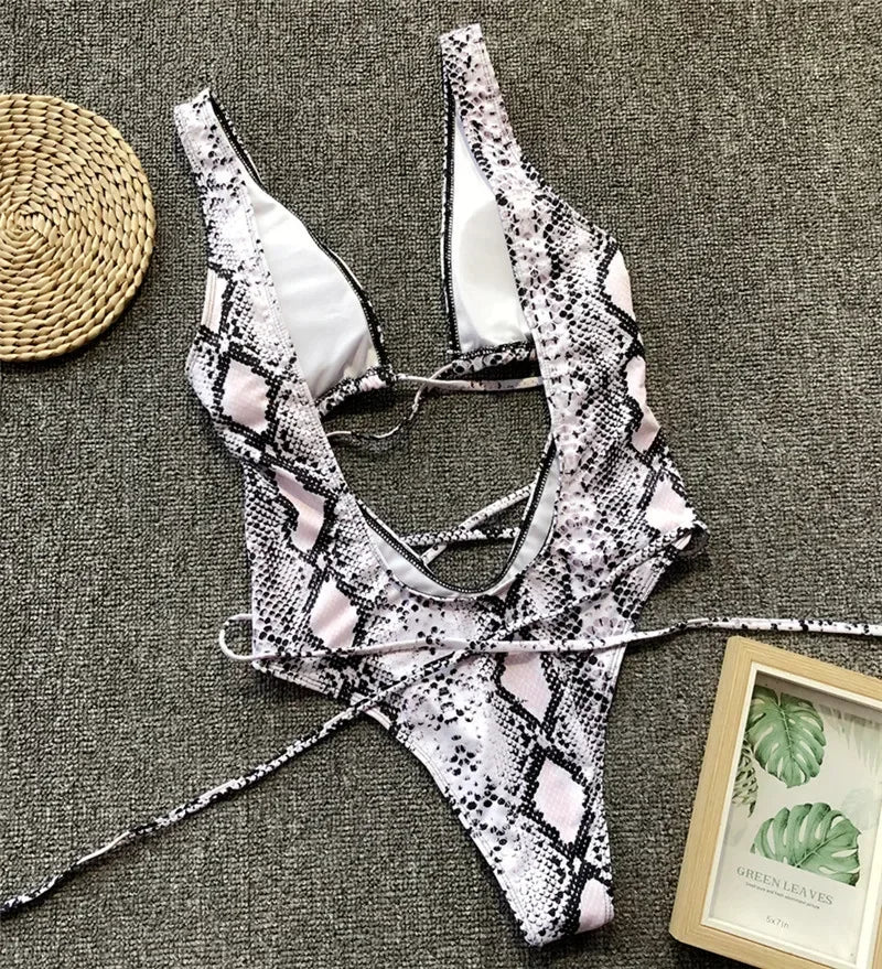 Leopard Deep V Neck Wrap Around High Cut Women Swimwear One Piece Swimsuit Female Monikini Tummy Cut Out Bathing Suit Swim Lady