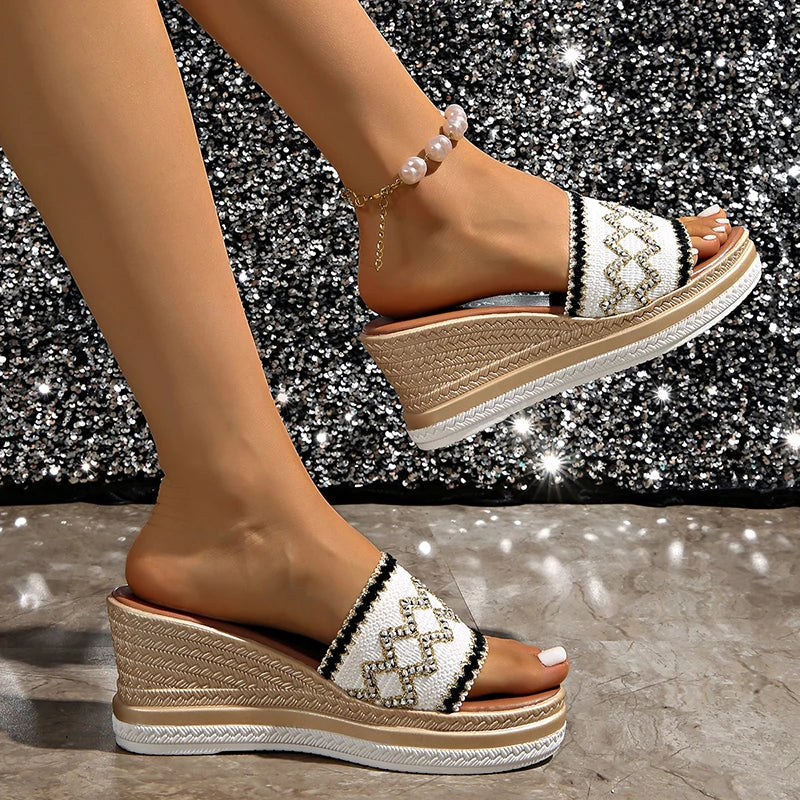 Bohemian Style Wedges Sandals for Women 2026 Summer High Heels Platform Slippers Woman Plus Size 43 Thick Sole Rome Sandals