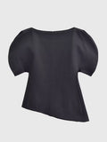 Women's Fashion Casual Short Sleeve Top Women Solid Black Boat Neck Puff Sleeve Hem Top Slim Fit Casual Blouse For Party 0PX4