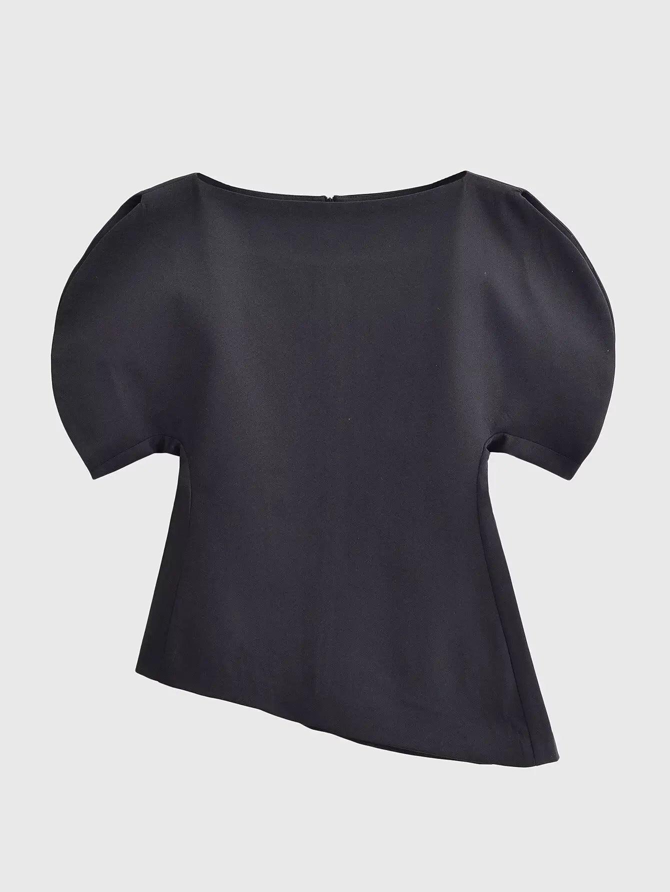 Women's Fashion Casual Short Sleeve Top Women Solid Black Boat Neck Puff Sleeve Hem Top Slim Fit Casual Blouse For Party 0PX4