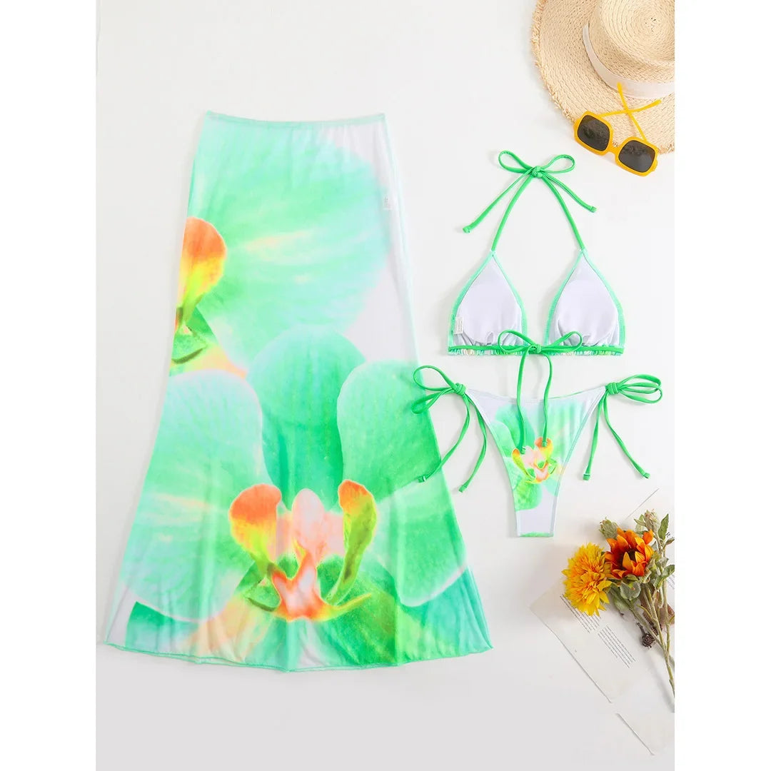 10 Color Flowers Halter Bikini Female Swimsuit Women Swimwear Three-pieces Bikini set With Skirt Bather Bathing Suit Swim V6637C