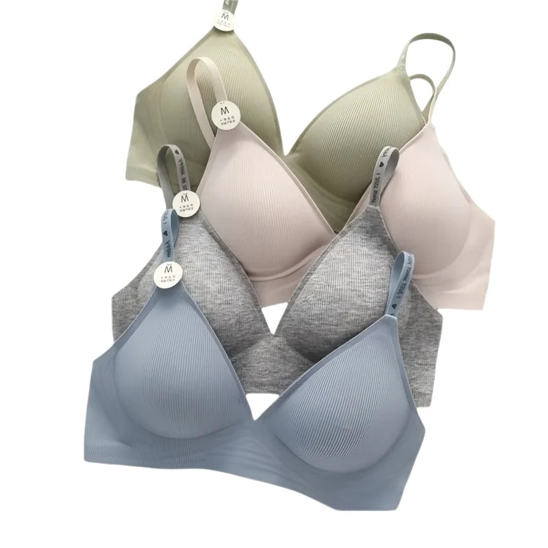 Plunge Non-wire Triangle Cup Bra Women's Invisibale Underwear Letter Straps Ribbed Bralette Sexy Lingerie Sleep Intimates S-XL