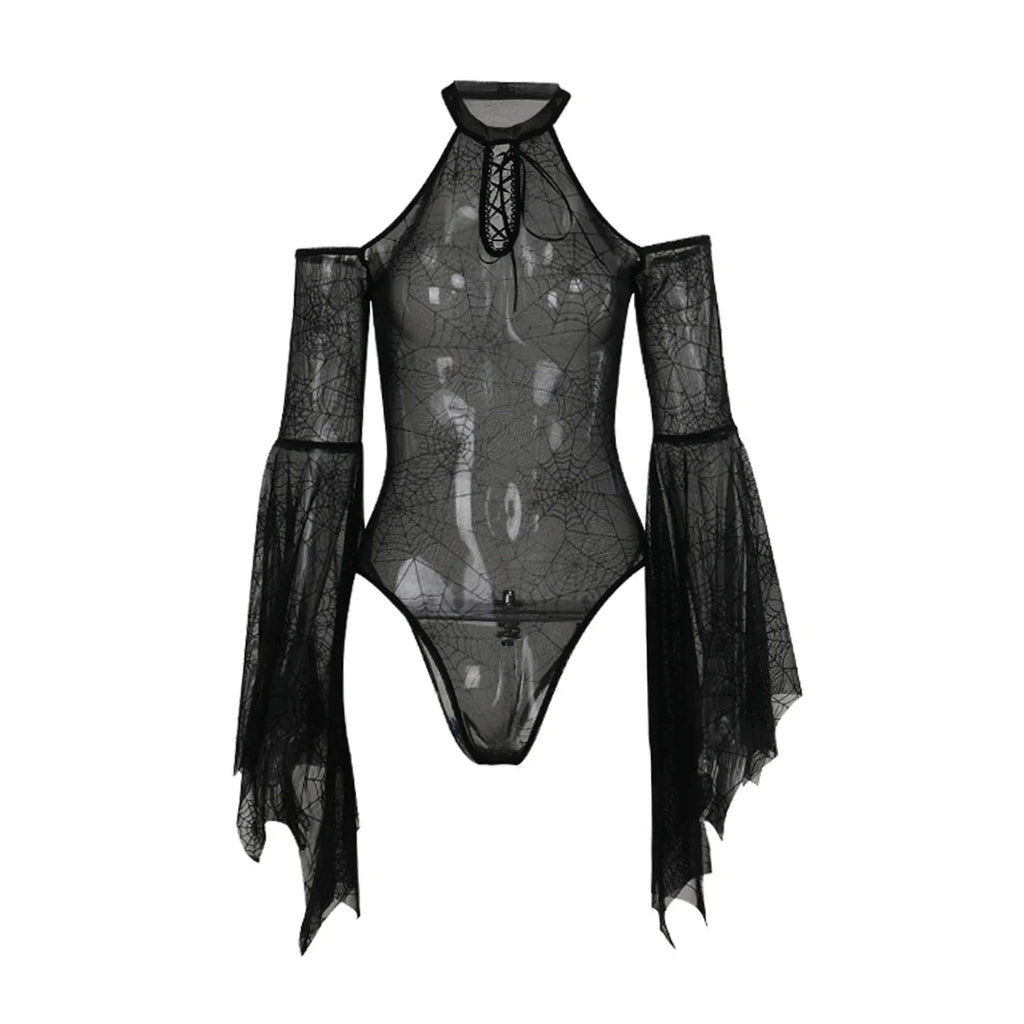 Women Mesh Sheer Bodysuits Flare Long Sleeve Cold Shoulder Spider Web Bodycon Body Tops Halloween Party Gothic Clubwear