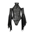 Women Mesh Sheer Bodysuits Flare Long Sleeve Cold Shoulder Spider Web Bodycon Body Tops Halloween Party Gothic Clubwear