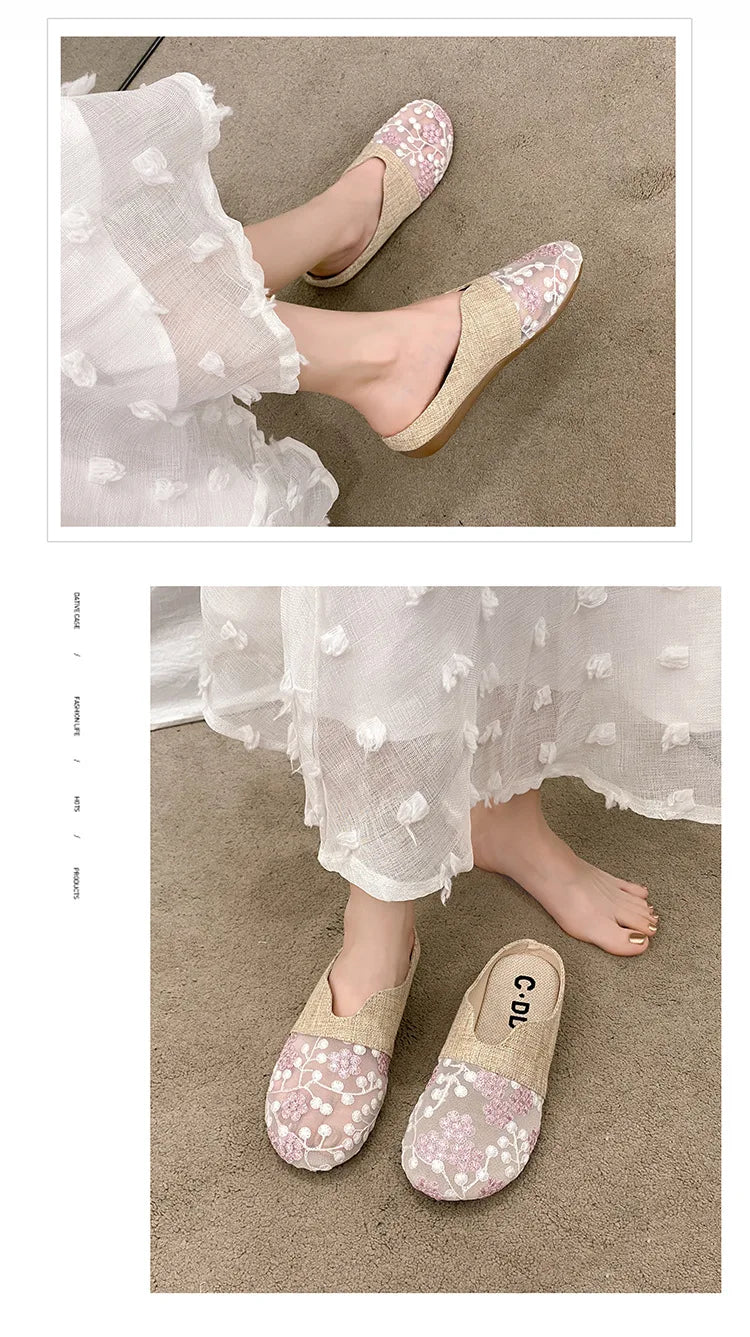 Breathable Mesh Linen Slippers For Women Summer Flat Shoes Anti-slip Female Indoor Outdoor Slides Office Lady Walking Sandals